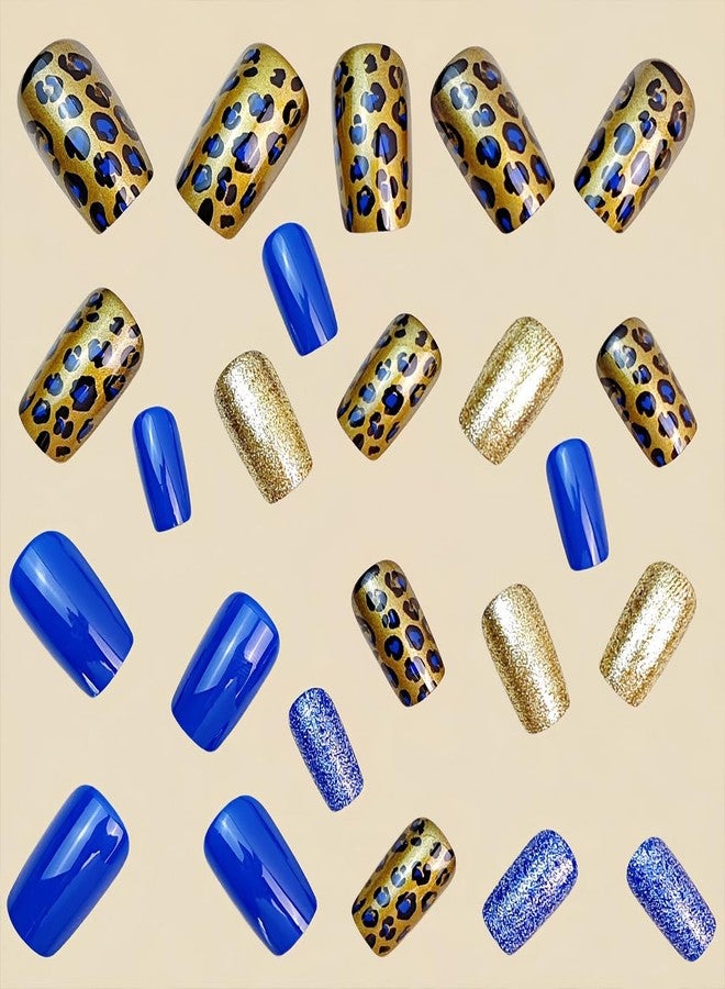 HJKDSFD Medium Press on Nails Dark Blue Square Fake Nails Glossy Glitter False Nails Gold Leopard Print Acrylic Nails Press on Cute Full Cover Reusable Glue on Nail for Women Girls 24Pcs - Image 2
